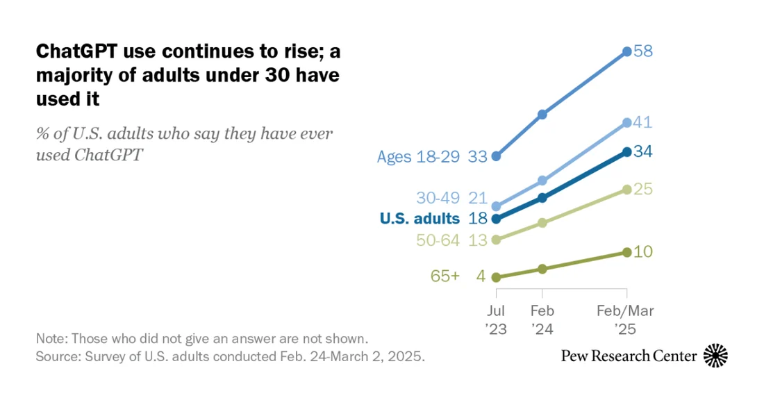 Visual published with the cited source for this record: A tracked survey found US chatbot use roughly doubled by 2025