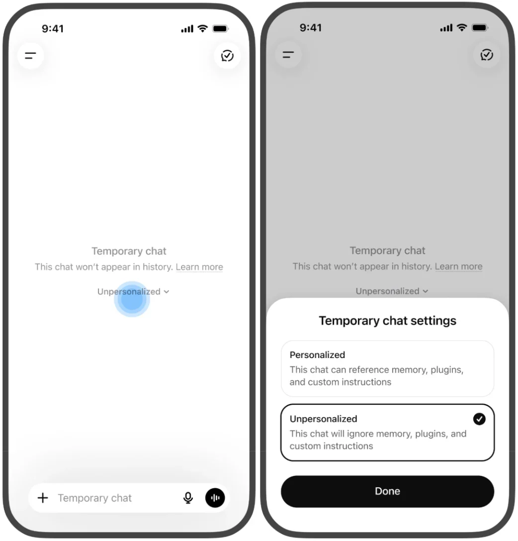 Visual for this record: Temporary chat, history off and delete are three different things