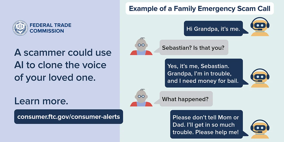 Visual published with the cited source for this record: A regulator warned that a cloned voice is not proof of a call